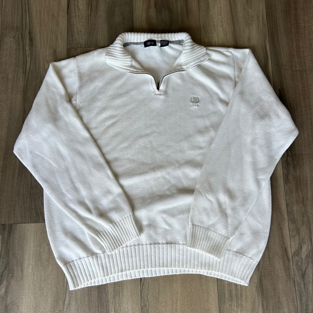 IZOD Mens White 100% Cotton Quarter Zip Pullover Sweater Large Crest Logo